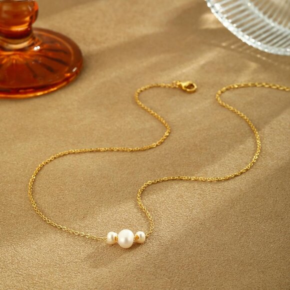 Women's 3 Gold Pearl Necklace 14k Gold Plated Dainty Pearl Necklace Choker - Picture 7 of 7